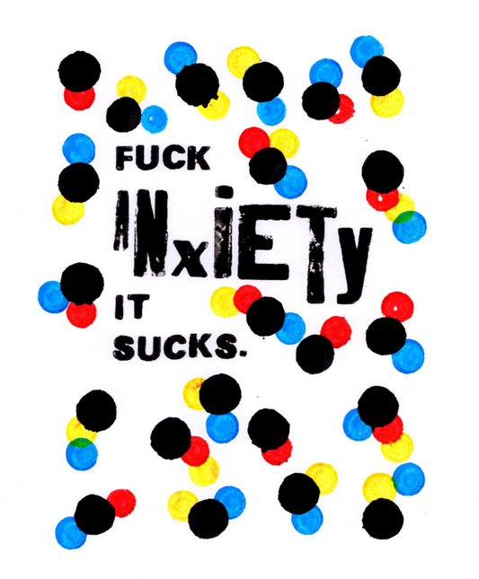 The wording was originated using some letterpress blocks – this doodle was created using a laser printer, some Bingo Dabbers(!) and an Acrylic Squeezer. It's on A4 white 160gsm paper and is a one off piece.