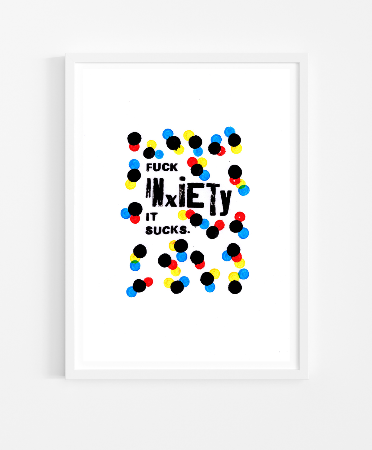 The wording was originated using some letterpress blocks – this doodle was created using a laser printer, some Bingo Dabbers(!) and an Acrylic Squeezer. It's on A4 white 160gsm paper and is a one off piece.