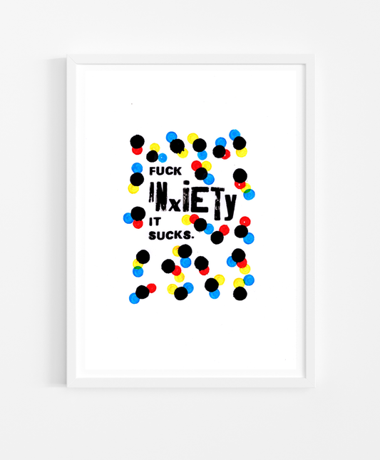 The wording was originated using some letterpress blocks – this doodle was created using a laser printer, some Bingo Dabbers(!) and an Acrylic Squeezer. It's on A4 white 160gsm paper and is a one off piece.